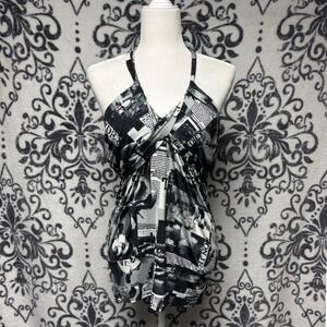 Vtg Y2K Dots Women Newspaper Print Halter Mini Dress Black White